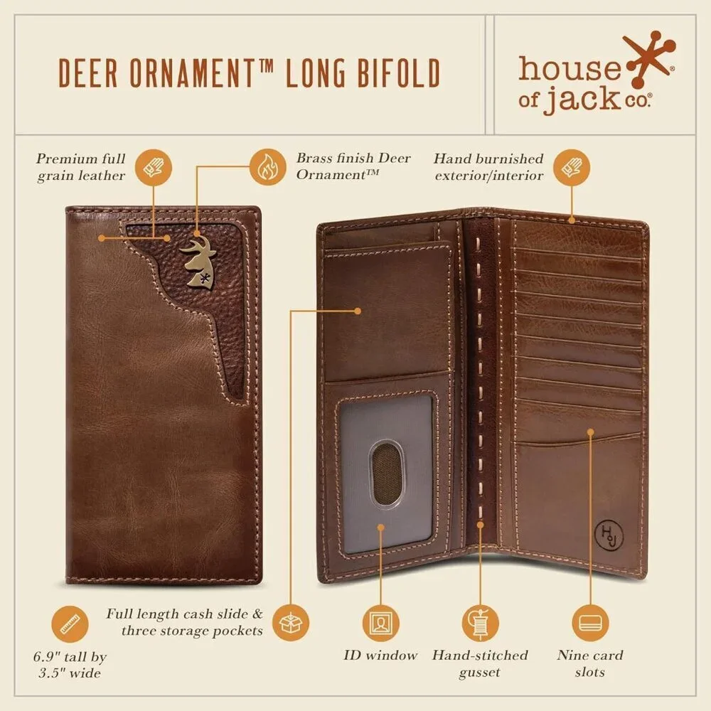 Men's Deer Ornament Long Bifold Leather Brown Wallet Purse Card Design Grain